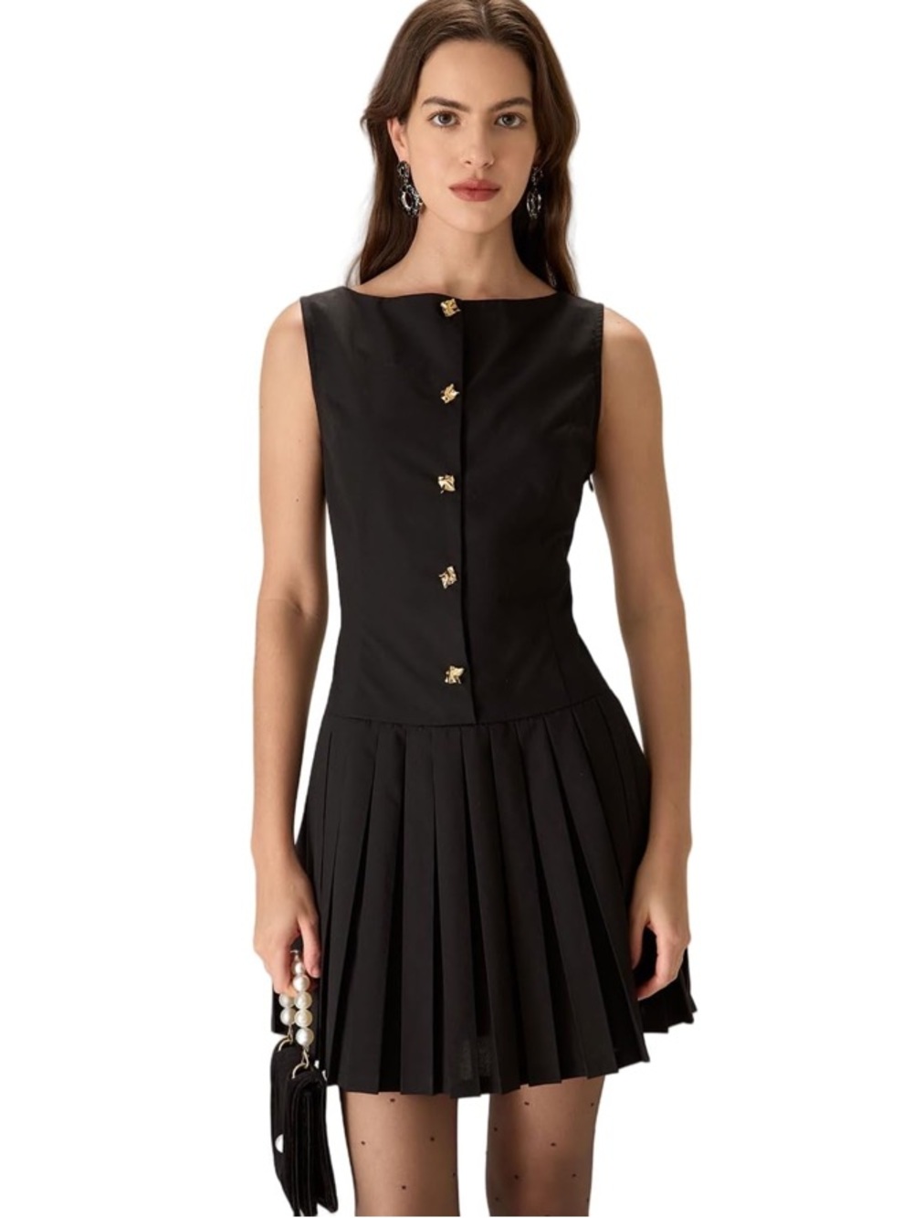 Rihoas Black Boat Neck Pleated Mini Dress Size XS